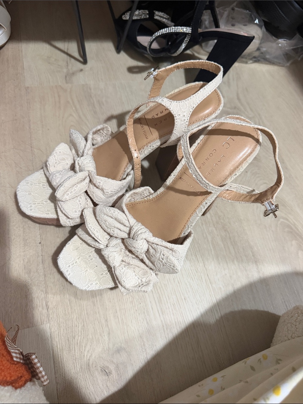 LC Lauren Conrad Cream Lace Bow Ankle-Strap Heels